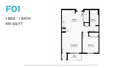Floor plan for 1 bed, 1 bath, 657 sqft