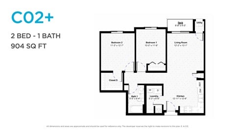 Floor plan for 2 beds, 1 bath, 898 sqft