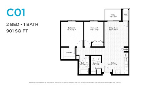 Floor plan for 2 beds, 1 bath, 858 sqft