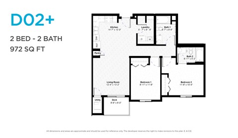 Floor plan for 2 beds, 2 baths, 953 sqft