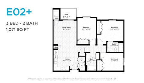 Floor plan for 3 beds, 2 baths, 1049 sqft
