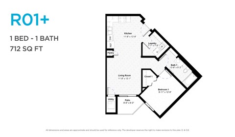 Floor plan for 1 bed, 1 bath, 690 sqft