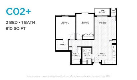 Floor plan for 2 beds, 1 bath, 894 sqft