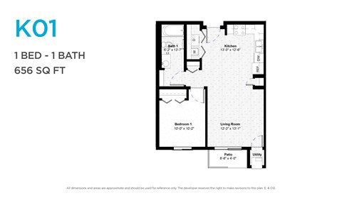 Floor plan for 1 bed, 1 bath, 652 sqft