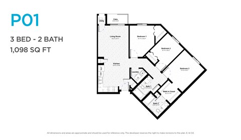Floor plan for 3 beds, 2 baths, 1047 sqft
