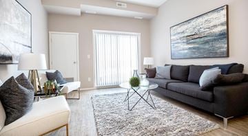 Winnipeg apartment for rent - A living room with a grey couch, a white sofa, and a large painting on the wall.