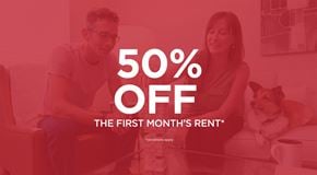 Selkirk apartment for rent - A promotional image offering a 50% discount on the first month's rent.