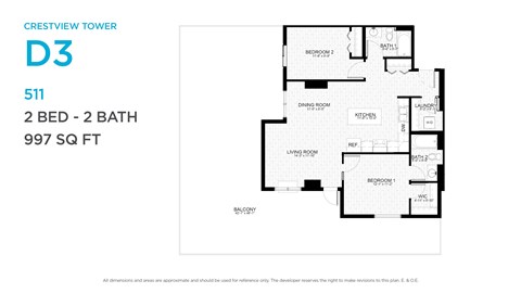 Floor plan for 2 beds, 2 baths, 956 sqft