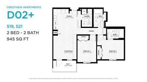 Floor plan for 2 beds, 2 baths, 949 sqft