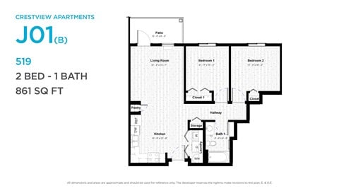 Floor plan for 2 beds, 1 bath, 876 sqft