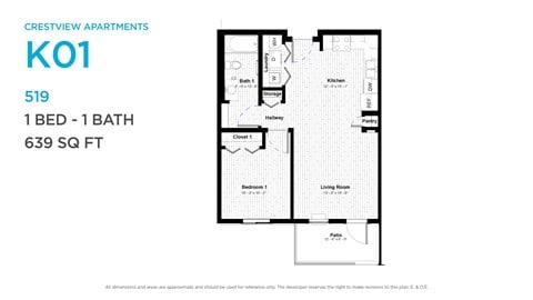 Floor plan for 1 bed, 1 bath, 639 sqft