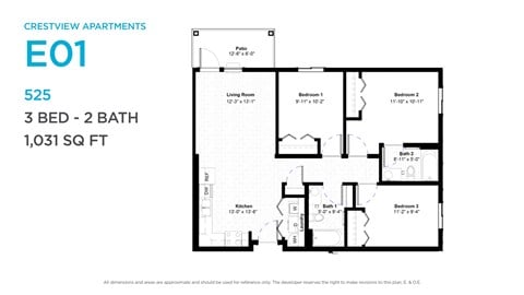 Floor plan for 3 beds, 2 baths, 1031 sqft
