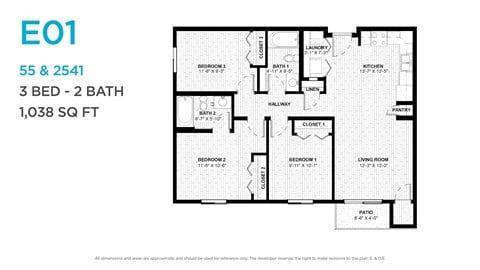Floor plan for 3 beds, 2 baths, 1063 sqft