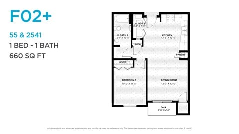 Floor plan for 1 bed, 1 bath, 650 sqft