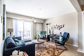 Red Deer apartment for rent - A living room with a black couch, a chair, a table, and a rug.