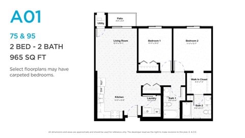 Floor plan for 2 beds, 2 baths, 913 sqft