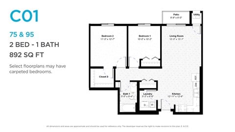 Floor plan for 2 beds, 1 bath, 892 sqft