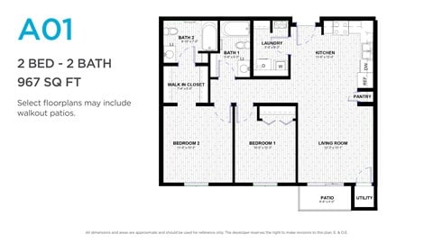 Floor plan for 2 beds, 2 baths, 938 sqft