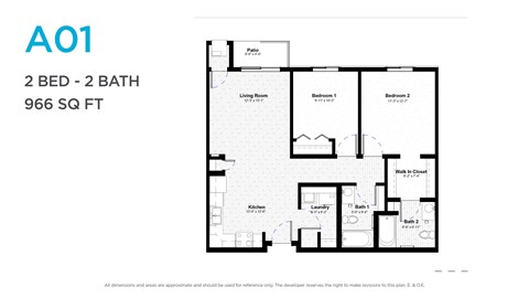 Floor plan for 2 beds, 2 baths, 966 sqft