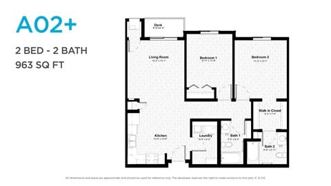 Floor plan for 2 beds, 2 baths, 949 sqft