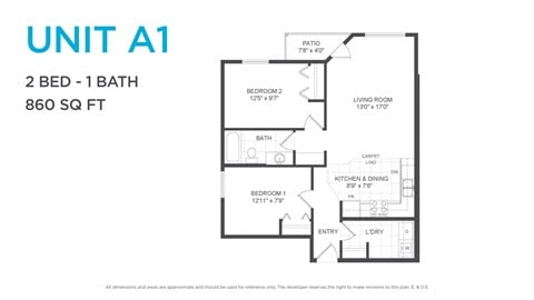 Floor plan for 2 beds, 1 bath, 835 sqft