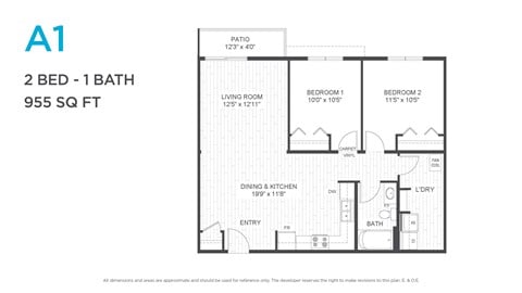 Floor plan for 2 beds, 1 bath, 859 sqft