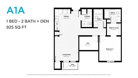 Floor plan for 1 bed, 2 baths, 925 sqft