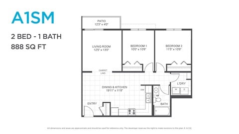 Floor plan for 2 beds, 1 bath, 850 sqft