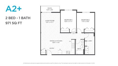 Floor plan for 2 beds, 1 bath, 859 sqft