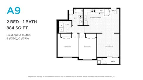 Floor plan for 2 beds, 1 bath, 876 sqft