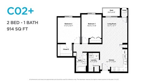 Floor plan for 2 beds, 1 bath, 898 sqft