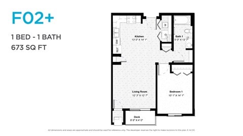 Floor plan for 1 bed, 1 bath, 657 sqft
