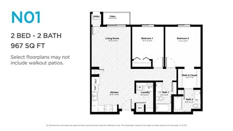 Floor plan for 2 beds, 2 baths, 970 sqft