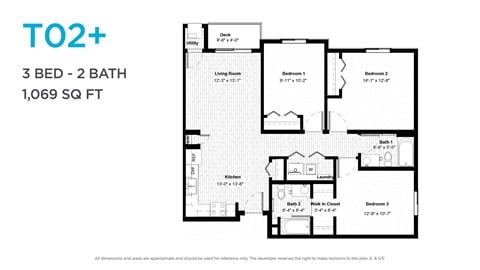 Floor plan for 3 beds, 2 baths, 1052 sqft