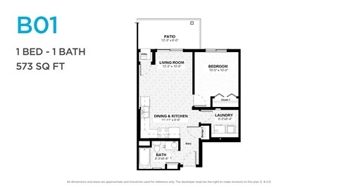 Floor plan for 1 bed, 1 bath, 573 sqft