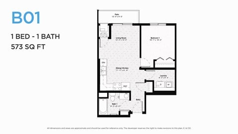 Floor plan for 1 bed, 1 bath, 632 sqft