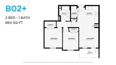 Floor plan for 2 beds, 1 bath, 892 sqft