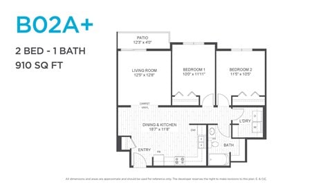 Floor plan for 2 beds, 1 bath, 860 sqft