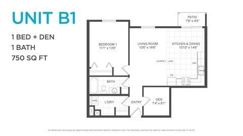 Floor plan for 1 bed, 1 bath, 750 sqft