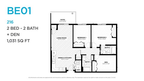 Floor plan for 2 beds, 2 baths, 1031 sqft