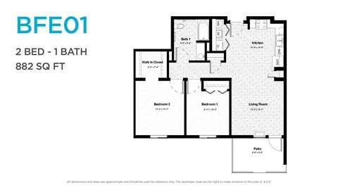 Floor plan for 2 beds, 1 bath, 882 sqft