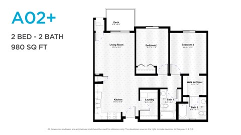 Floor plan for 2 beds, 2 baths, 897 sqft