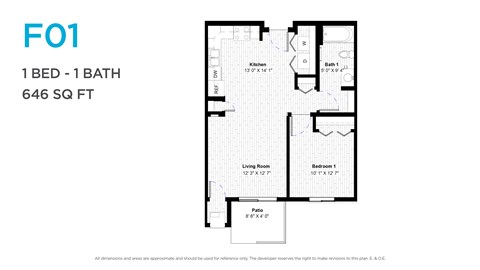 Floor plan for 1 bed, 1 bath, 666 sqft