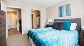 Winnipeg apartment for rent - A bedroom with queen sized bed, night stand, dresser and walk in closet
