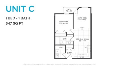 Floor plan for 1 bed, 1 bath, 647 sqft