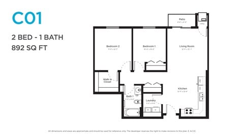 Floor plan for 2 beds, 1 bath, 892 sqft
