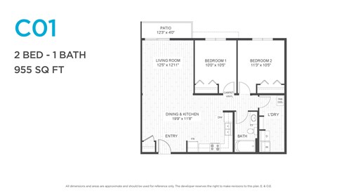 Floor plan for 2 beds, 1 bath, 971 sqft