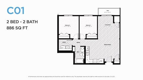 Floor plan for 2 beds, 2 baths, 938 sqft