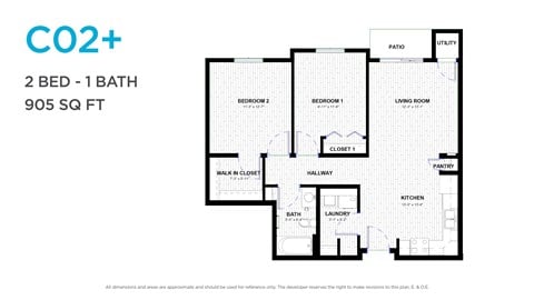 Floor plan for 2 beds, 1 bath, 821 sqft