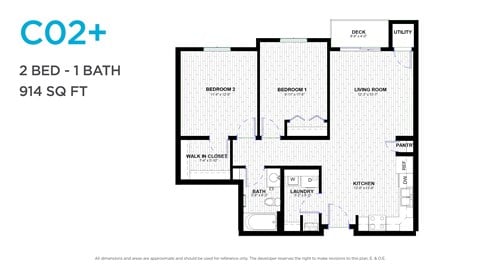 Floor plan for 2 beds, 1 bath, 891 sqft